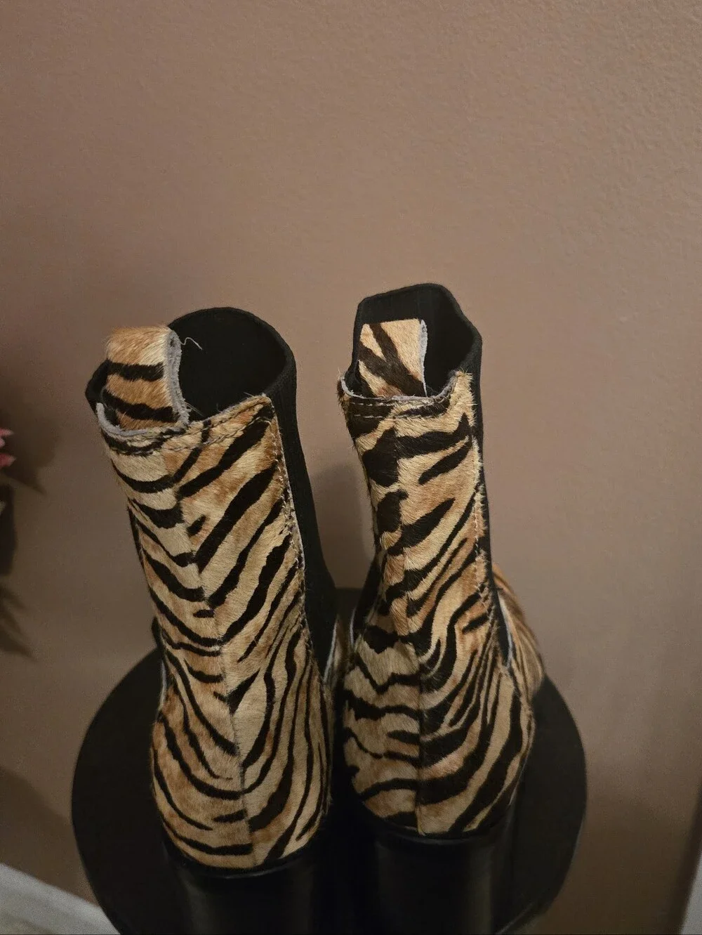 NWOT Silent D Nirvani Knit Chelsea Tiger Print Ankle Boots with Black Knit Shaft
